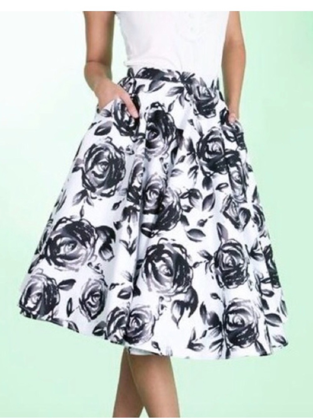 NWT: Bettie Page by Tatyana Women's Black & White Floral A-Line Midi Swing Skirt